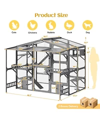 6thdruple Large Wooden Outdoor Catio for Multiple Cats, Weatherproof Pine Cat House