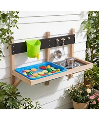 Gymax Outdoor Wall Mounted Mud Kitchen for Kids Wooden Play Kitchen with Sink Faucet