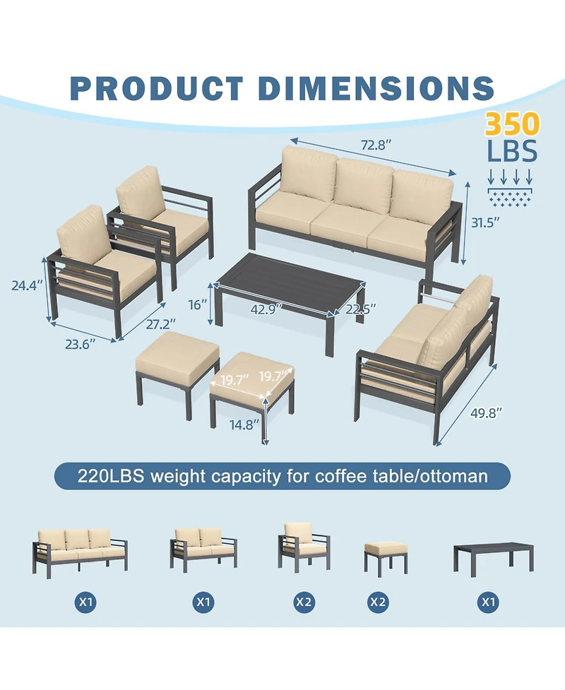 Aecojoy Aluminum Patio Furniture Set Outdoor Sectional Sofa Conversation Coffee Table