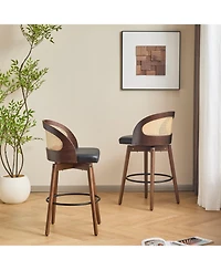 Maison Boucle Swivel Counter Height Bar Stools Set of 2, Solid Wood Rubberwood Frame, Walnut Finish, Fabric Upholstered Seat, Rattan Backrest