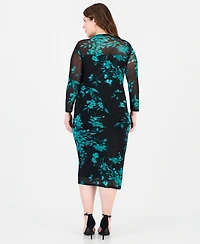 Anne Klein Plus Size Long-Sleeve Floral-Print Boat Neck Midi Dress