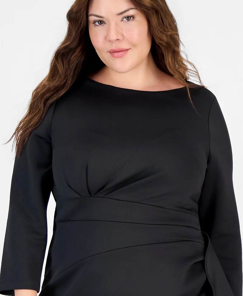 Anne Klein Plus Draped Sheath With Cascading Ruffle Scuba Midi Dress