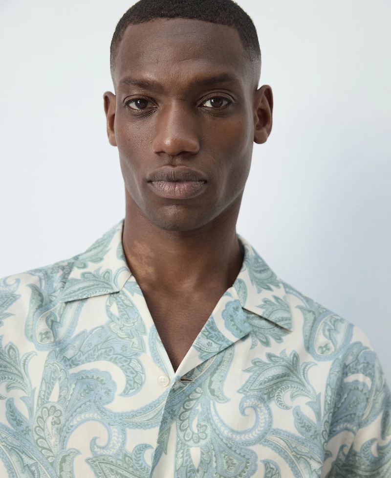 Mango Men's Bowling Collar Printed Cotton Shirt
