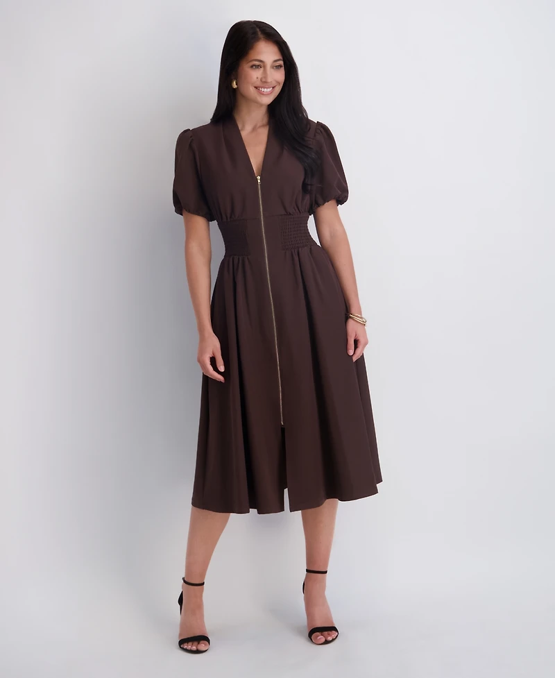 Kensie Women's Puff-Sleeve Smocked-Waist A-Line Midi Dress