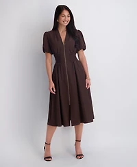 Kensie Women's Puff-Sleeve Smocked-Waist A-Line Midi Dress