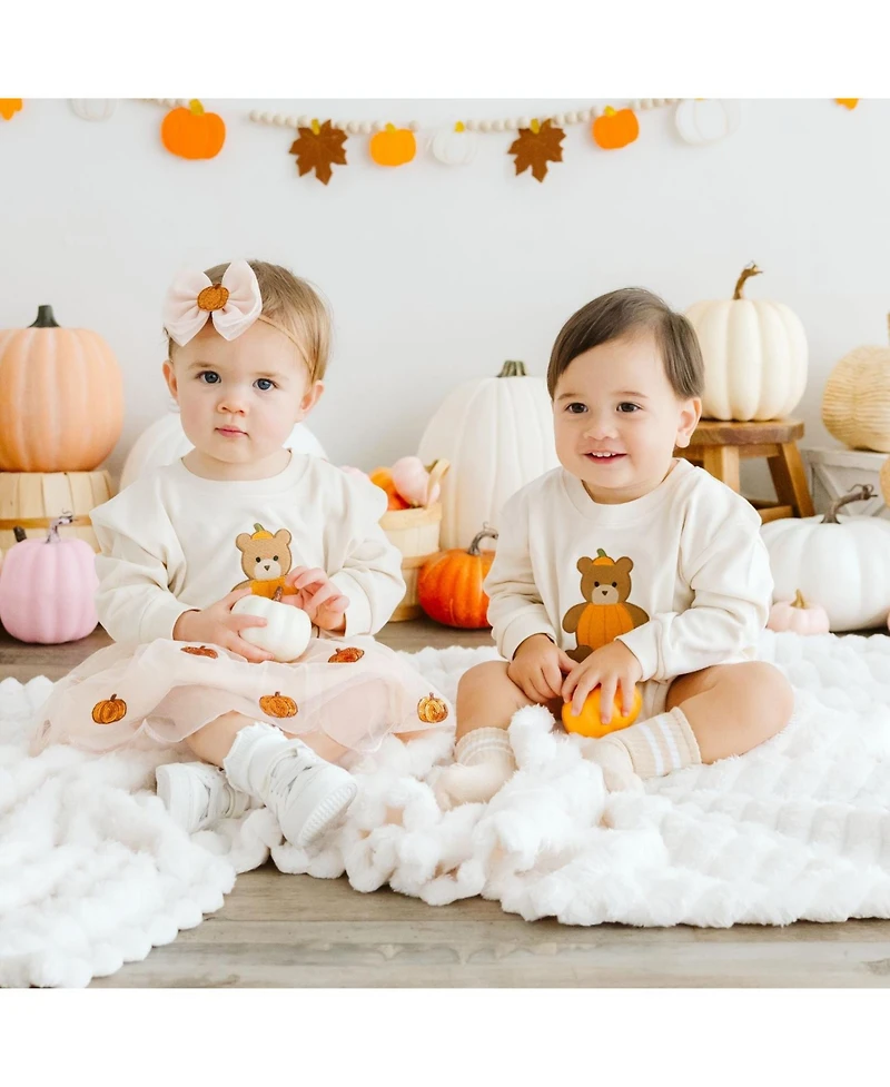 Sweet Wink Baby Boys Pumpkin Teddy Bear Patch Long Sleeve Romper