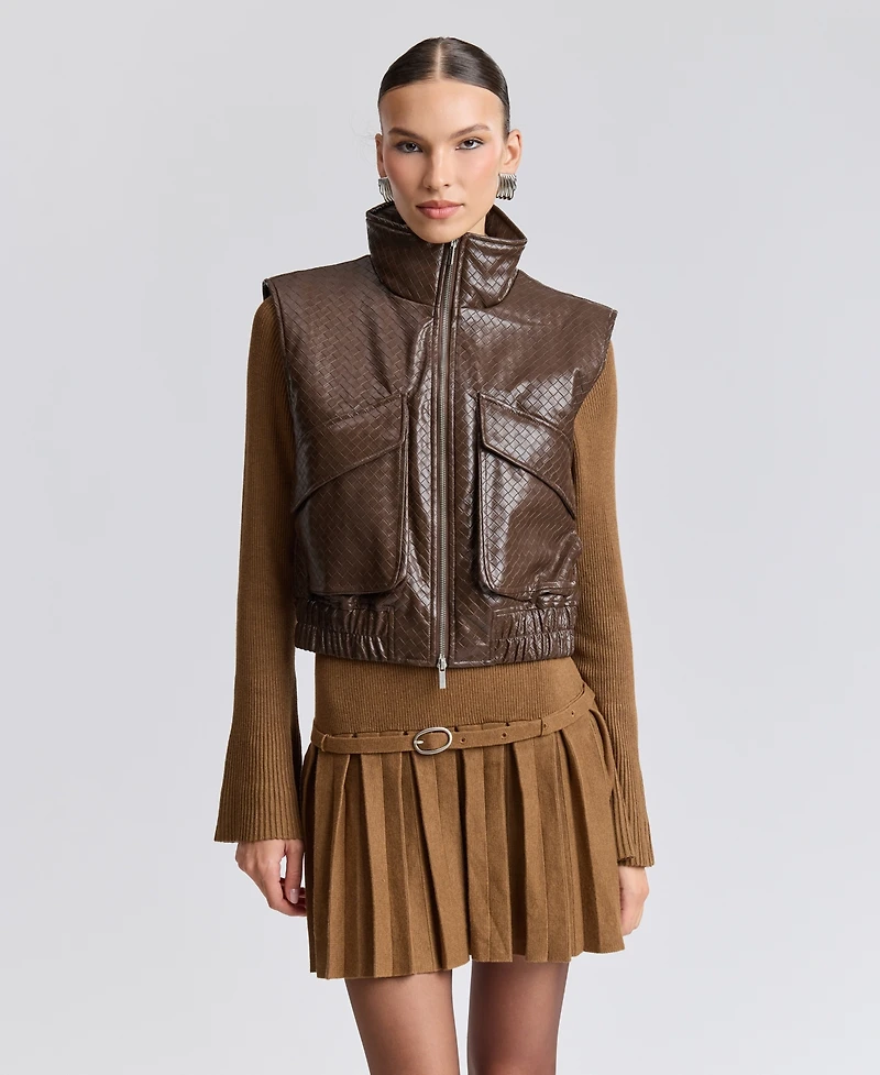 Avec Les Filles Women's Cropped Sleeveless Mock Neck Puffer Vest