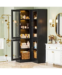 Aheaplus Tall 5-Tier Corner Pantry Cabinet with Glass Doors and Led Lights
