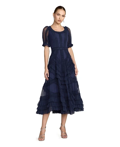 Mac Duggal Women's Short Sleeve Mesh Mirco Ruffle Midi Dress