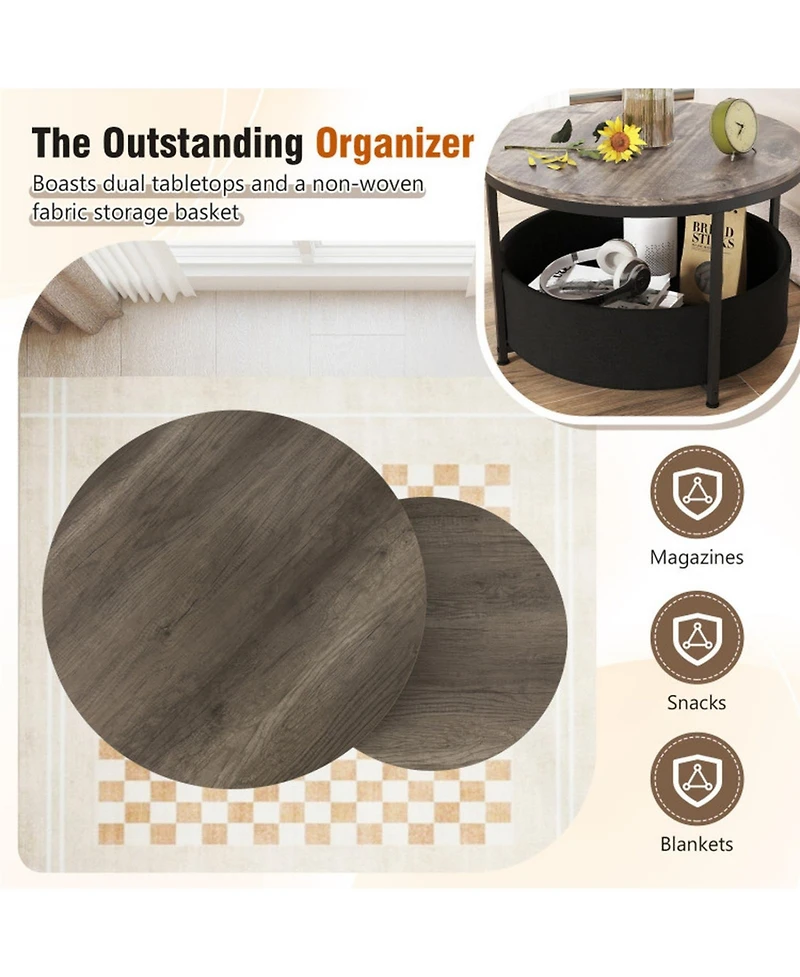 Sugift Round Coffee Table Set of 2 31.5in and 24in Circle Cocktail Tables with Fabric Storage Basket