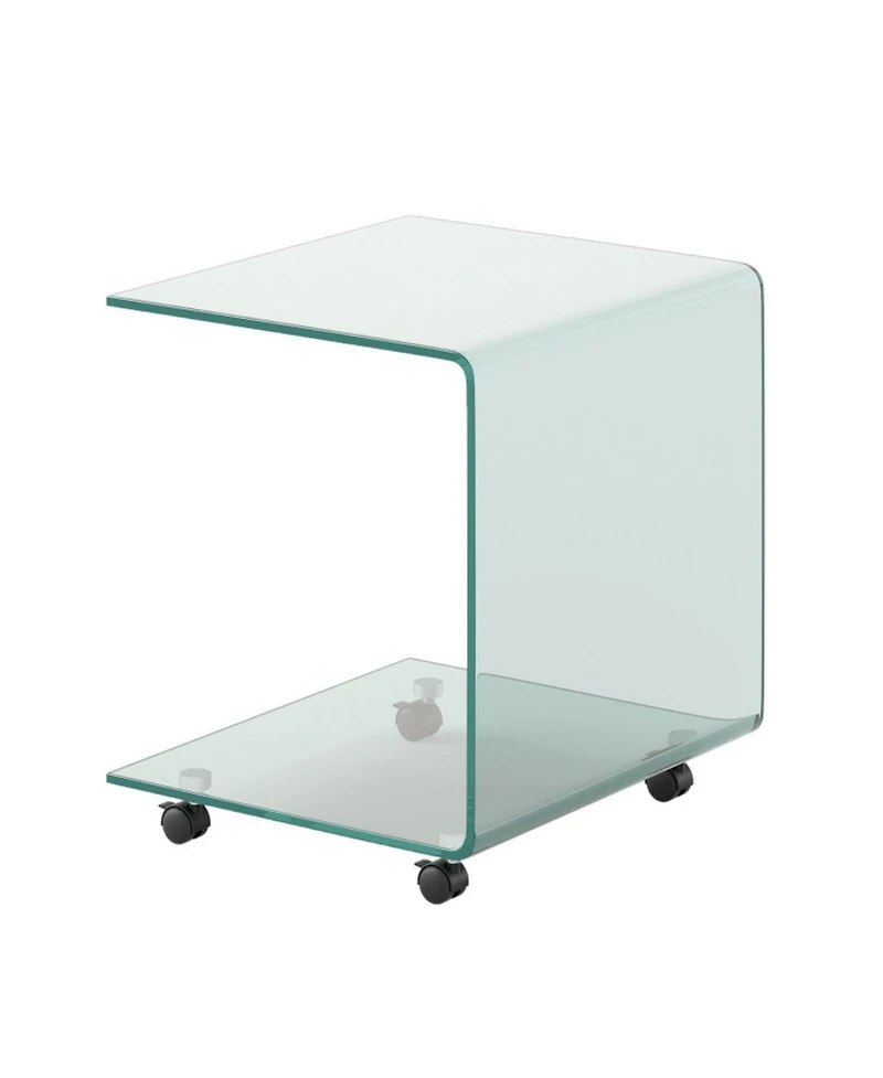 Sugift C-Shaped Tempered Glass End Table with Shelf and Detachable Wheels