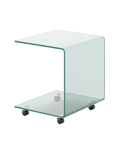 Sugift C-Shaped Tempered Glass End Table with Shelf and Detachable Wheels