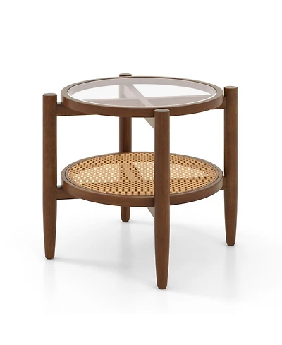 Sugift Round Rattan Side End Table with Tempered Glass Tabletop and Shelf