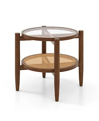 Sugift Round Rattan Side End Table with Tempered Glass Tabletop and Shelf