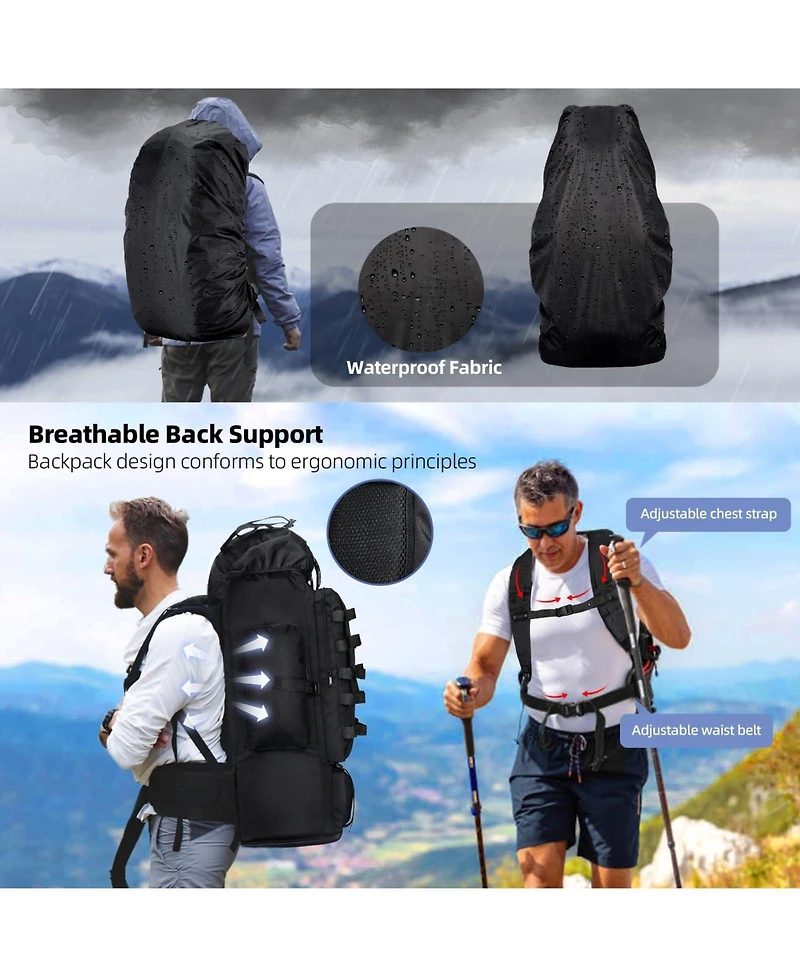 Piscifun 70L 100L Expandable Waterproof Hiking Backpack With Rain Cover Molle System For Camping Trekking