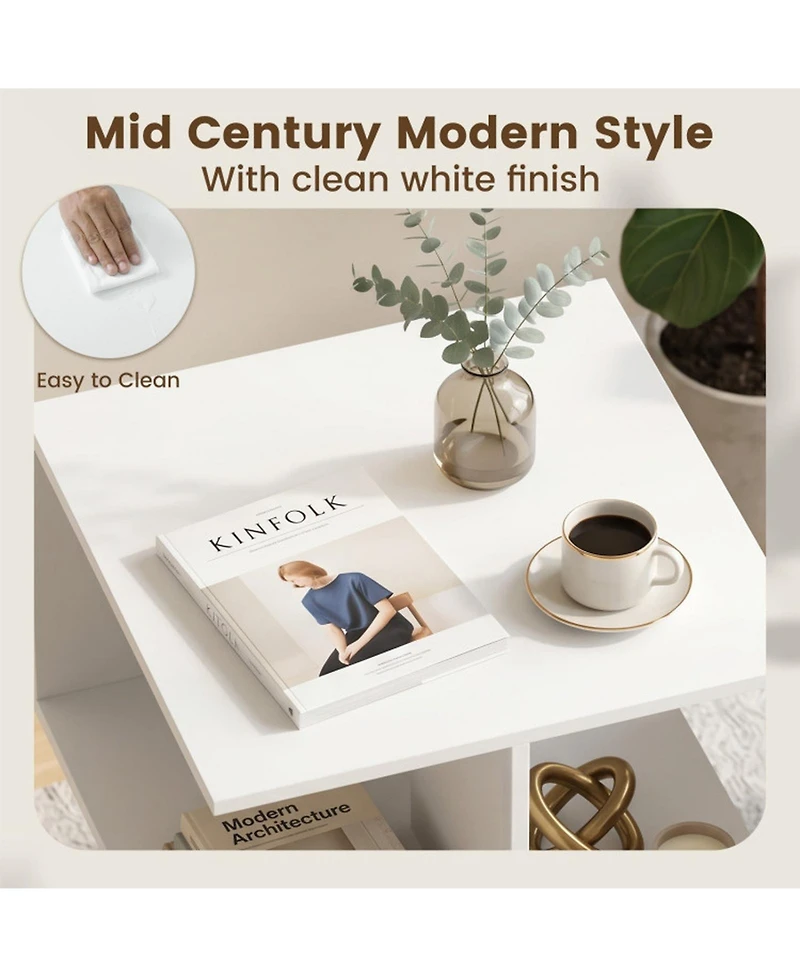 Sugift 2-Tier Mid Century Modern End Table with 2 Compartments and Metal Legs