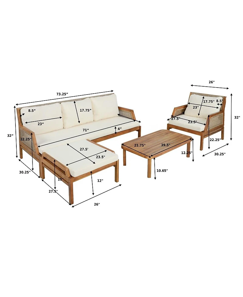 Asagikoiai 4-Piece Acacia Wood Outdoor Sectional Sofa Set with Coffee Table