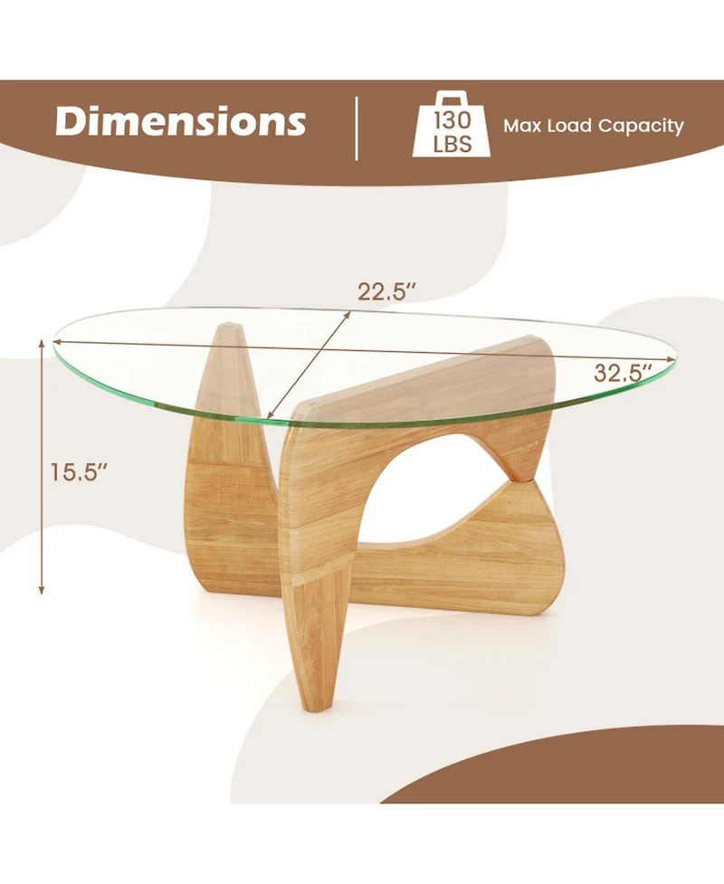 Sugift Triangle Coffee Table with Tempered Glass Top and Adjustable Rubber Wood Base