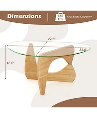 Sugift Triangle Coffee Table with Tempered Glass Top and Adjustable Rubber Wood Base