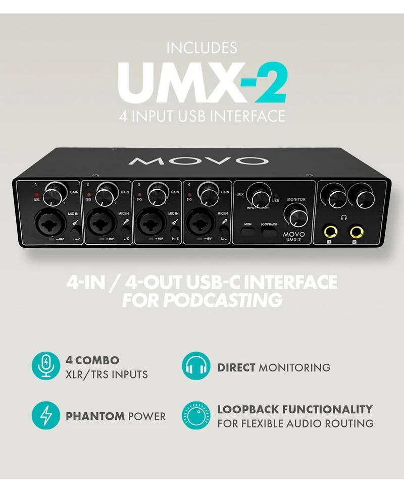 Movo UMX2 4-Channel Usb-c Podcast Equipment Bundle for macOS/Windows