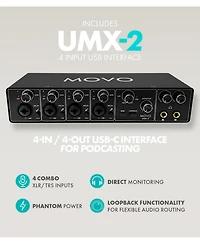 Movo UMX2 4-Channel Usb-c Podcast Equipment Bundle for macOS/Windows