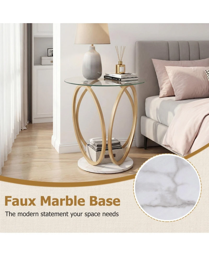 Sugift Round Faux Marble End Table with Tempered Glass Top 2-Tier Side Table