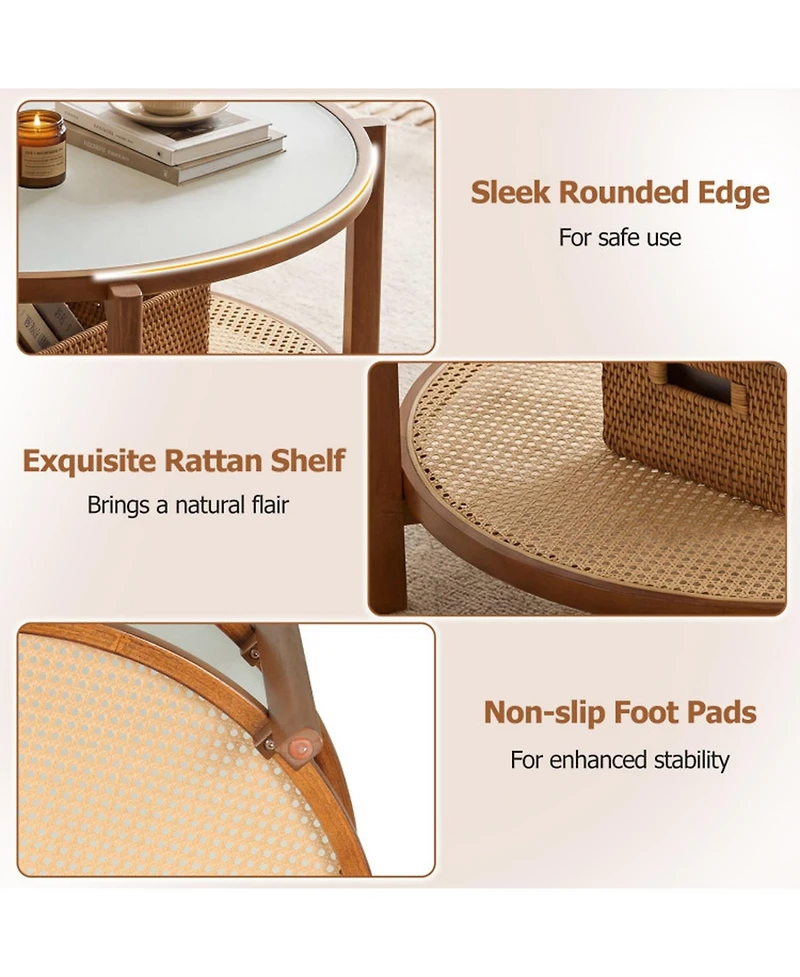 Sugift 2-Tier Rattan Coffee Table with Frosted Tempered Glass Top and Wood Legs