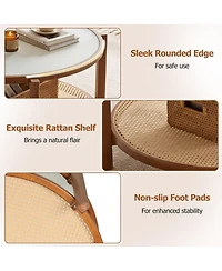 Sugift 2-Tier Rattan Coffee Table with Frosted Tempered Glass Top and Wood Legs
