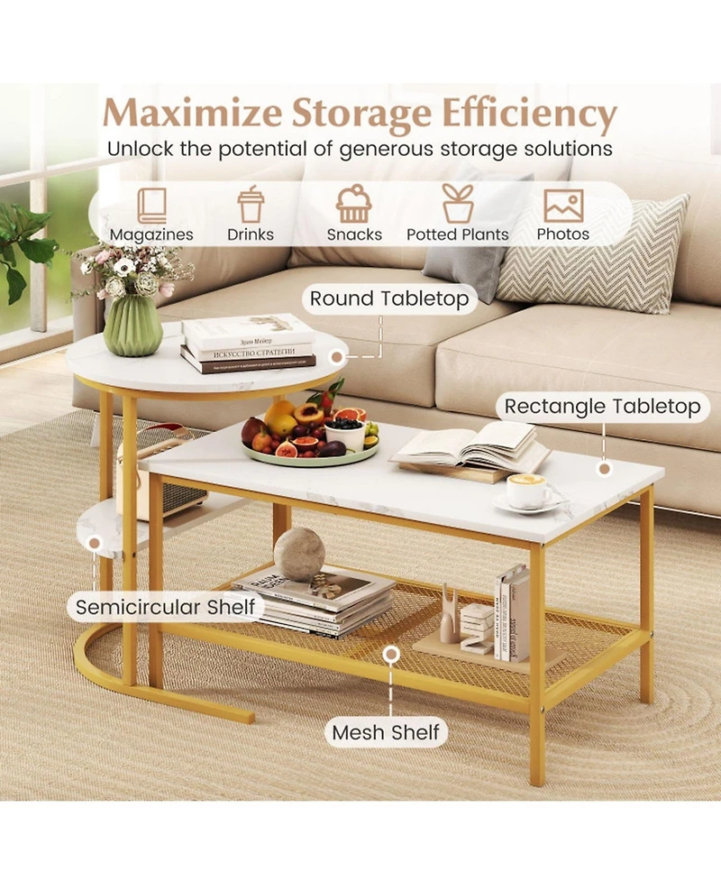 Sugift 2-Tier Rectangle Coffee Table and Side End Table Set with Storage Shelves Faux Marble Top