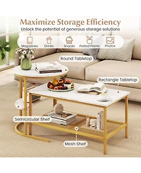 Sugift 2-Tier Rectangle Coffee Table and Side End Table Set with Storage Shelves Faux Marble Top