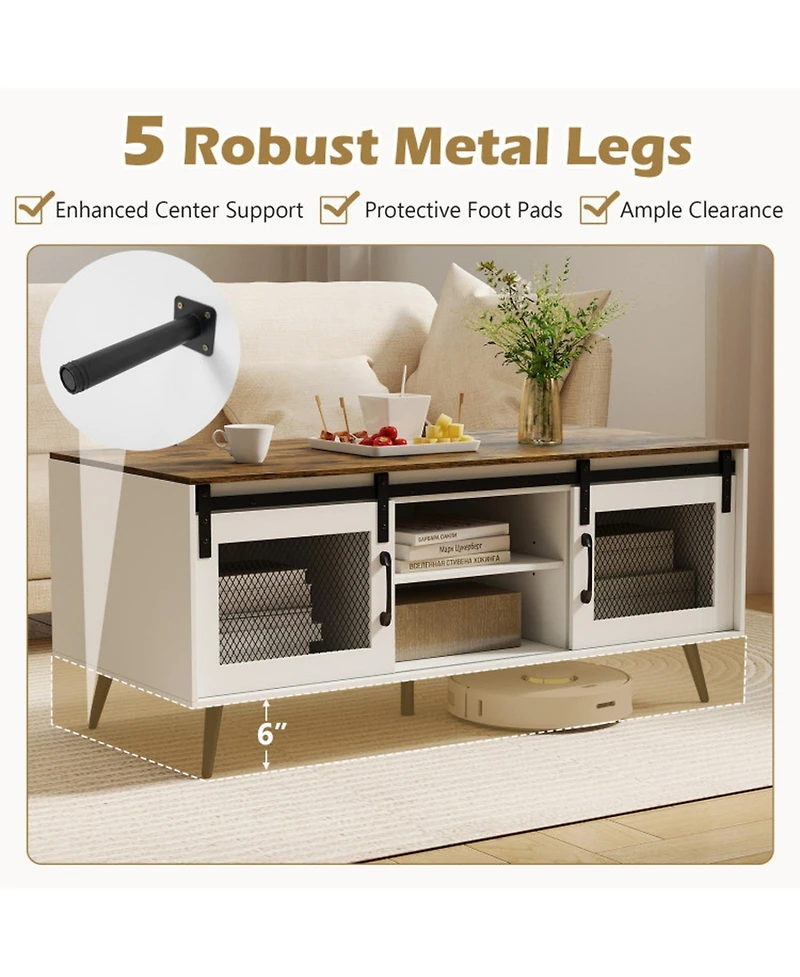 Sugift Farmhouse Coffee Table with Sliding Doors and 3-Position Adjustable Shelf