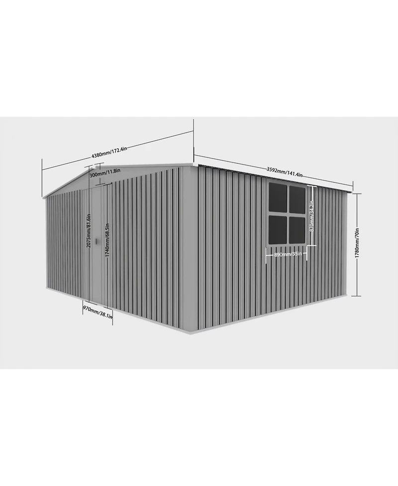 Mondawe 14 x 12 Feet Outdoor Metal Storage Shed with Firewood Storage, Apex Roof Garden Tool Shed