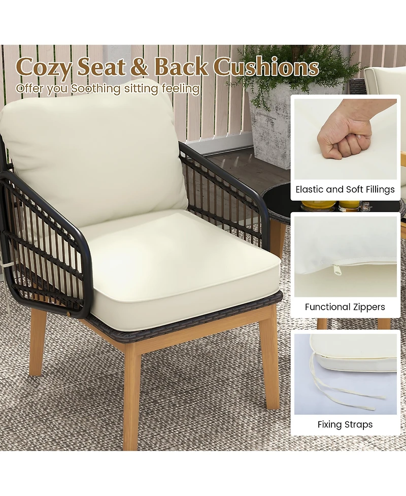 Gymax 3 Piece Patio Chair Set Wicker Chair and Side Table Set with Soft Cushions and Tempered Glass Tabletop