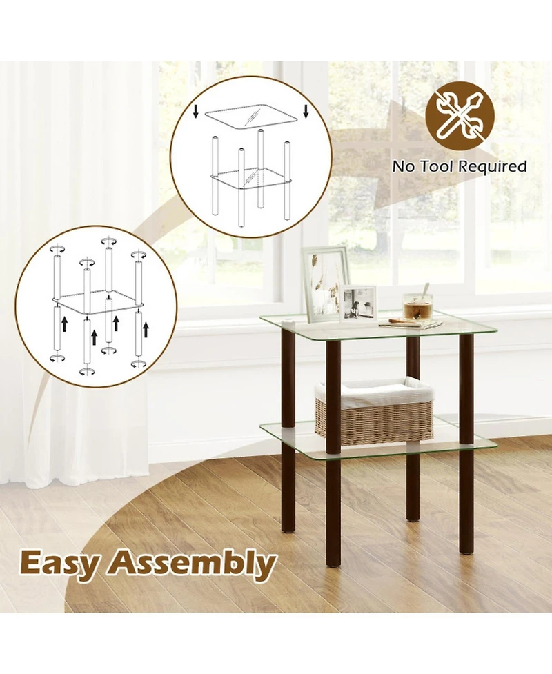 Sugift 2-Tier Square End Table with Shelf and Tempered Glass Top