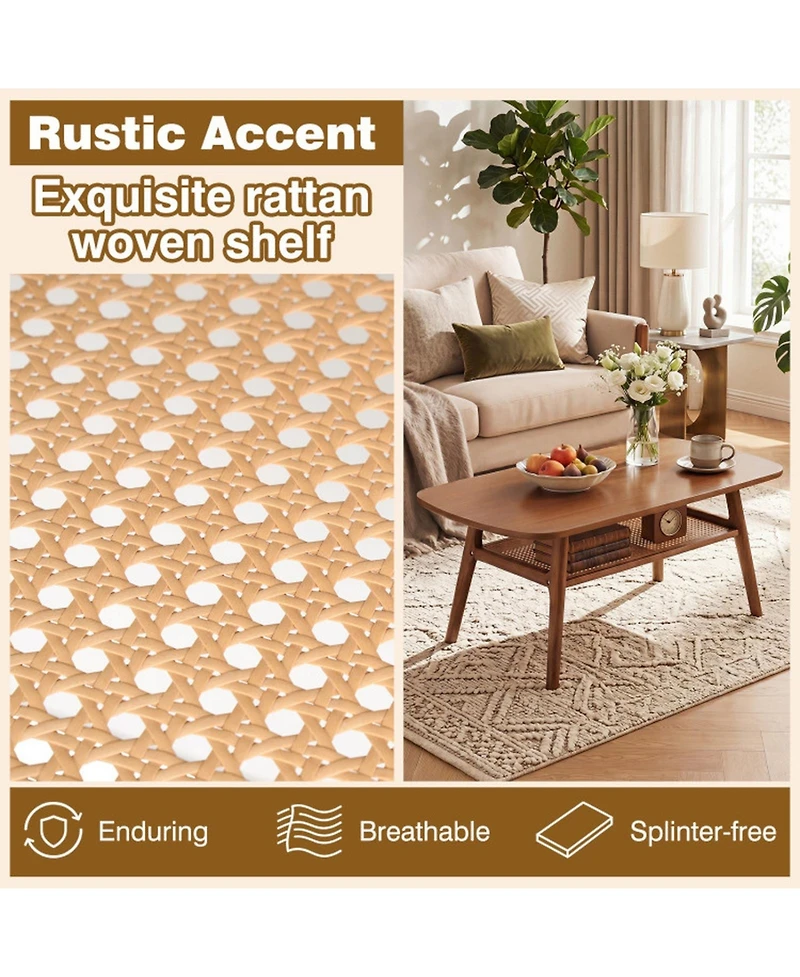 Sugift 2-Tier Boho Rattan Table with Rounded Corners and Open Shelf