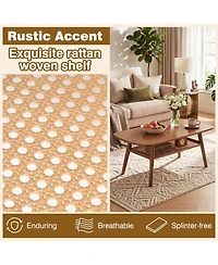 Sugift 2-Tier Boho Rattan Table with Rounded Corners and Open Shelf