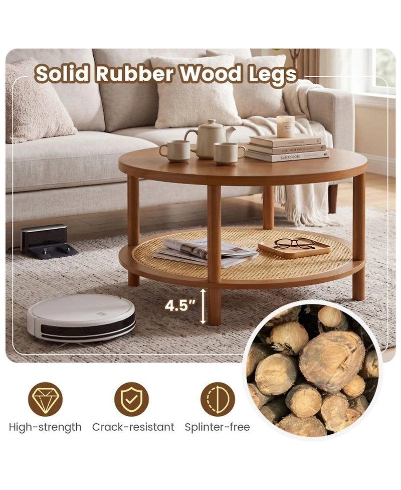 Sugift 2-Tier Boho Round Rattan Coffee Table with Storage Shelf