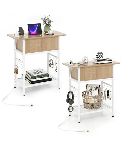 Sugift Set of 2 End Tables with Charging Station and Hidden Compartment