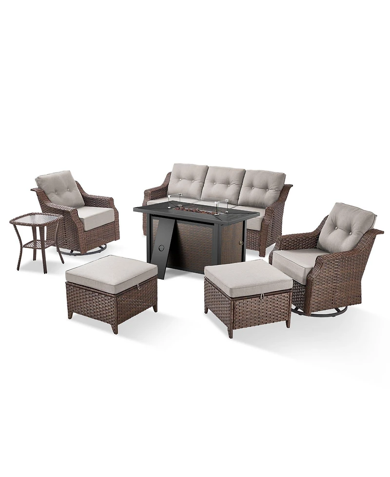 Pocassy 7-Piece Outdoor Furniture Set with Fire Pit Table, Wicker Patio Conversation Cushions and Swivel Glide Chairs