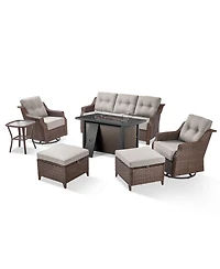 Pocassy 7-Piece Outdoor Furniture Set with Fire Pit Table, Wicker Patio Conversation Cushions and Swivel Glide Chairs