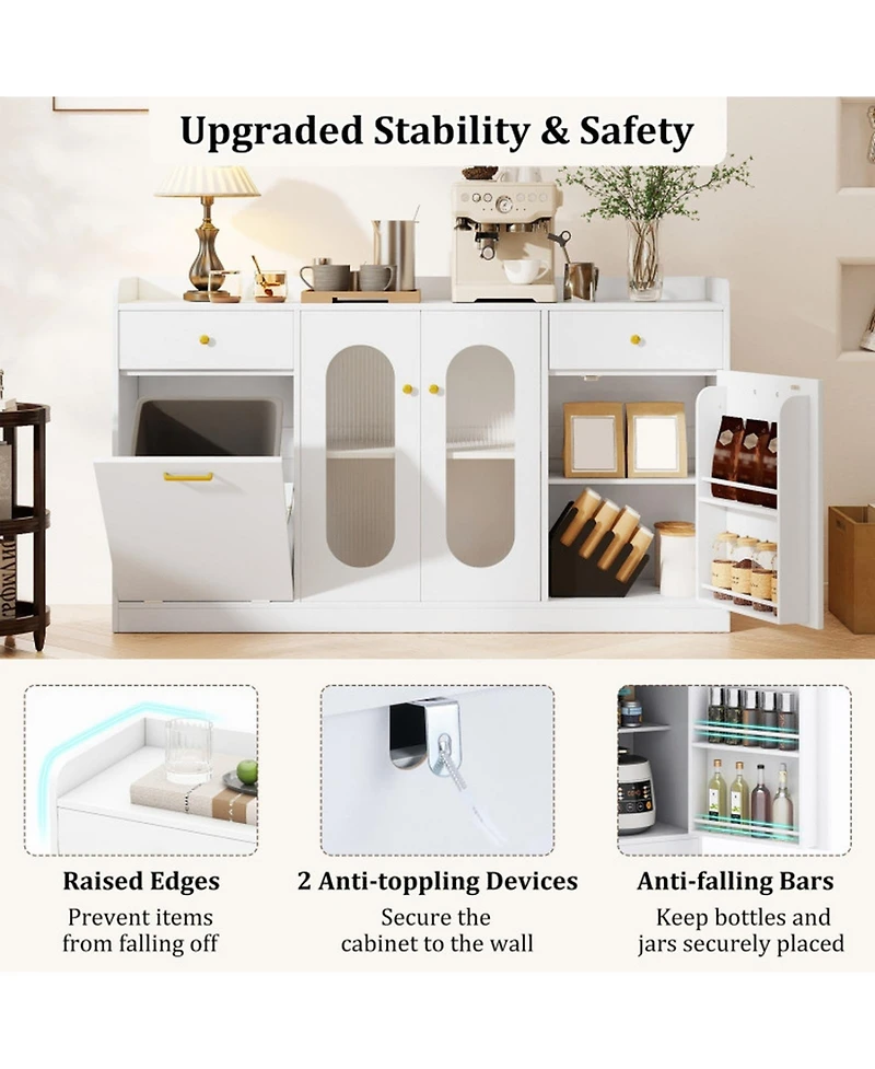 Sugift 55 Inch Buffet Cabinet with Hidden Tilt-Out Trash Can and 2 Glass Doors