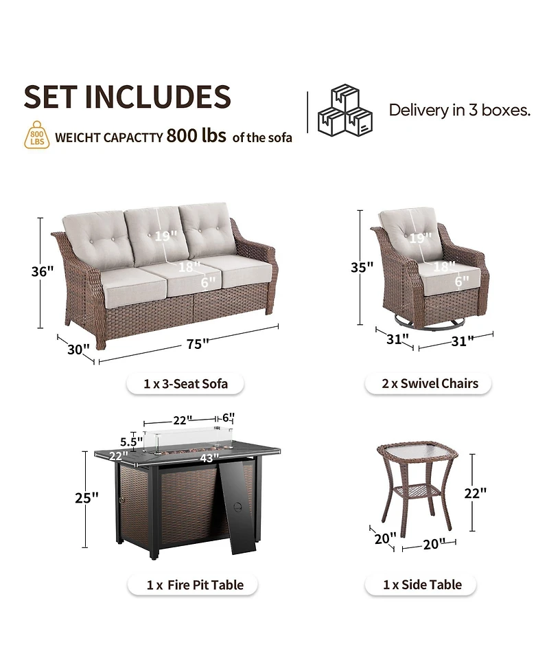Pocassy 5-Piece Wicker Patio Furniture Set With Fire Pit Table, 6-Inch Ultra Thick Cushioned 360degree(s) Swivel Glider Chairs