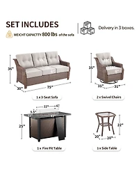 Pocassy 5-Piece Wicker Patio Furniture Set With Fire Pit Table, 6-Inch Ultra Thick Cushioned 360degree(s) Swivel Glider Chairs