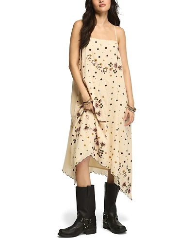 Lucky Brand Women's Contrast Embroidered Mix Floral Boho Midi Dress