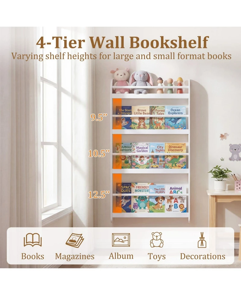 Sugift 4-Tier Wall Mounted Bookshelf Organizer for Toys and Books with Basswood Crossbar 5 Inch Depth