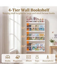 Sugift 4-Tier Wall Mounted Bookshelf Organizer for Toys and Books with Basswood Crossbar 5 Inch Depth