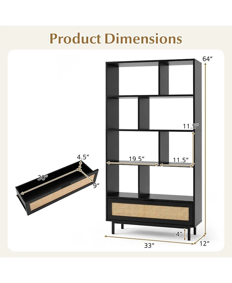 Sugift 64 Inch 6-Tier Tall Wooden Bookcase with 8 Open Cubes and Drawer