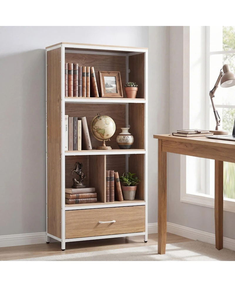 Sugift 56 Inch Tall Freestanding 5-Tier Bookcase with Drawer