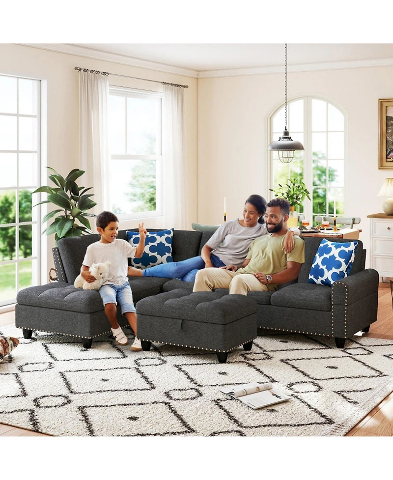 Sugift 98in Sectional Sofa with Movable Storage Ottoman Linen Fabric 98 x 69.5 x 32.5in