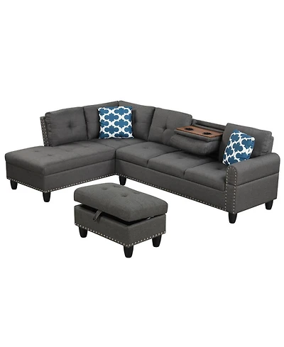 Sugift 98in Sectional Sofa with Movable Storage Ottoman Linen Fabric 98 x 69.5 x 32.5in